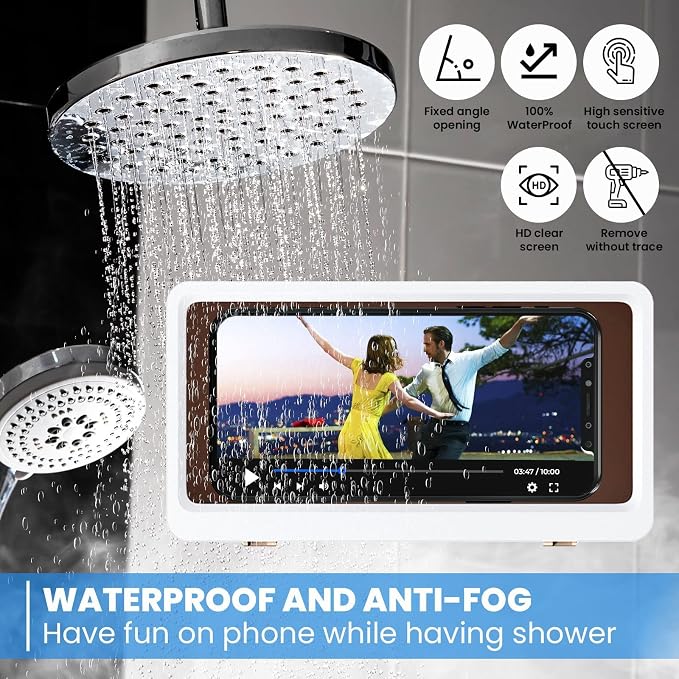 Shower Phone Case Holder Waterproof Upgraded Holder Wall Mount Bathroom TV Shower Gadget Shower Accessory Phone Mount iPhone Shower TV (White)