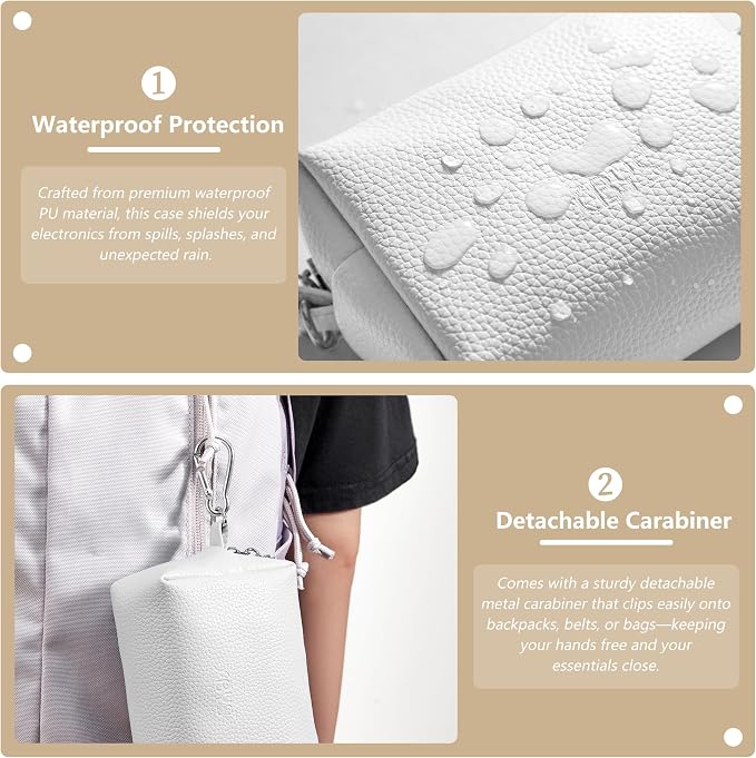 Small Tech Pouch, Waterproof Electronics Travel Case with Carabiner, Compact Cable Organizer Bags & Cases for Chargers, Power Banks, Hard Drives, Earbuds, Cords and Digital Accessories (White)