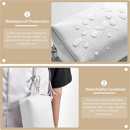 Small Tech Pouch, Waterproof Electronics Travel Case with Carabiner, Compact Cable Organizer Bags & Cases for Chargers, Power Banks, Hard Drives, Earbuds, Cords and Digital Accessories (White)
