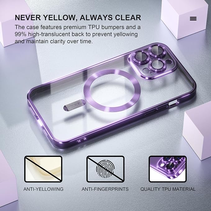 Misea Magnetic for iPhone 14 Pro Max Case Compatible with MagSafe [Never Yellowing] [Military Grade Drop Protection] Full Camera Lens Protector Plating Soft Clear Phone Case for Women Girls, Purple