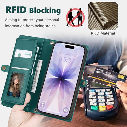 Wallet Case for iPhone 17 with Card Holder/Crossbody Wallet/Strap,[RFID Blocking][Magnetic] PU Leather Phone Case for iPhone 17,6.3 in,Green