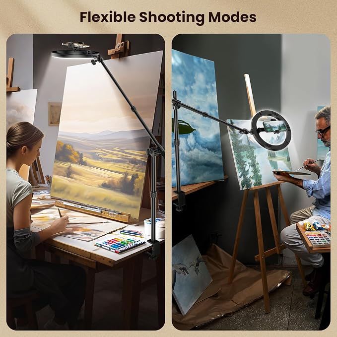Desk Ring Light with Stand and Overhead Phone Mount,Tripod for iPhone with Ring Light,Phone Holder for Video Recording, 3 Light Modes, Circle Light Ringlight for Artist/Painting/Content Creator