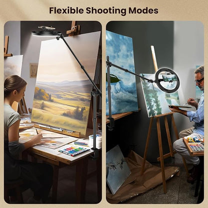 Desk Ring Light with Stand and Overhead Phone Mount,Tripod for iPhone with Ring Light,Phone Holder for Video Recording, 3 Light Modes, Circle Light Ringlight for Artist/Painting/Content Creator