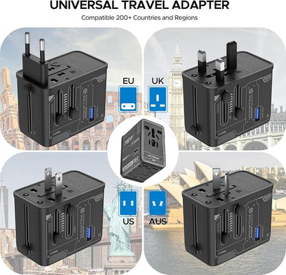 Universal Travel Adapter, 75W GaN International Power Adapter | All in One Travel Plug Adapter with 3 USB C, 1 USB A, Worldwide Outlet Wall Charger Converter for EU US UK AU 200+ Countries.