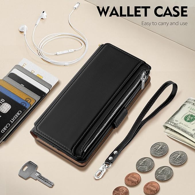 Antsturdy Compatible with iPhone 12 mini Wallet Case,RFID Blocking PU Leather Phone Case Women Men Kickstand Flip Cover Wrist Strap Zipper Credit Card Holder Slots,for Apple 12 mini,Black