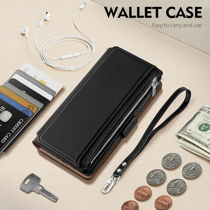 Antsturdy Compatible with iPhone 12 mini Wallet Case,RFID Blocking PU Leather Phone Case Women Men Kickstand Flip Cover Wrist Strap Zipper Credit Card Holder Slots,for Apple 12 mini,Black