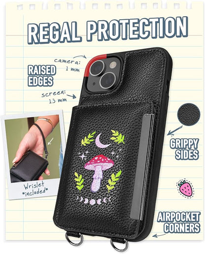 Smartish iPhone 14 Crossbody Wallet Case - Dancing Queen [Purse/Clutch with Detachable Strap & Wristlet] Protective Cover with Credit Card Holder - Moons Out Shrooms Out