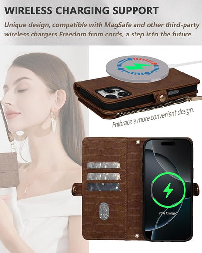 Crossbody Wallet Case for iPhone 16 Pro with Mirror, Wrist Strap, Zipper Purse Magnetic Flip RFID Blocking Card Holder, Wireless Charging, PU Leather Shockproof 6.3" Women (Brown)