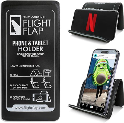 Flight Flap Airplane Phone Holder, Flexible Cell Phone Holder, Folding Cellphone Stand for Desk, Bed, Office, Treadmill - Airplane Gadgets for Long Travel Accessories - Plane Essentials (Black)