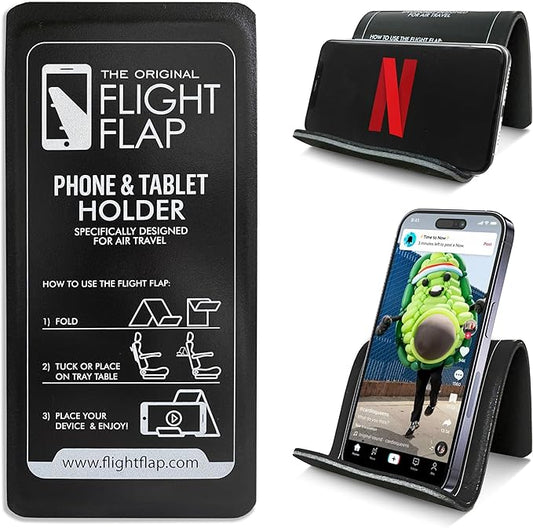 Flight Flap Airplane Phone Holder, Flexible Cell Phone Holder, Folding Cellphone Stand for Desk, Bed, Office, Treadmill - Airplane Gadgets for Long Travel Accessories - Plane Essentials (Black)