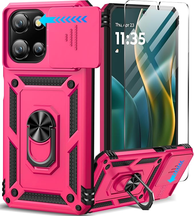 Taisairu for Motorola Moto G 2025/G 2026/G Play 2026 Case with Screen Protector & Slide Camera Lens Cover, Built-in Ring Stand Case for Moto G 2026/G 2025/G Play 2026 (Hot Pink)