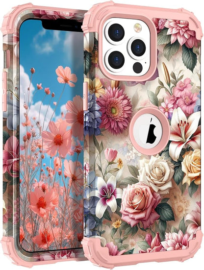 Hocase for iPhone 13 Pro Max Case, Heavy Duty Shockproof Protection Soft Silicone Rubber Bumper+Hard Plastic Hybrid Protective Case for iPhone 13 Pro Max (6.7") 2021 - Rose & Lily Flowers
