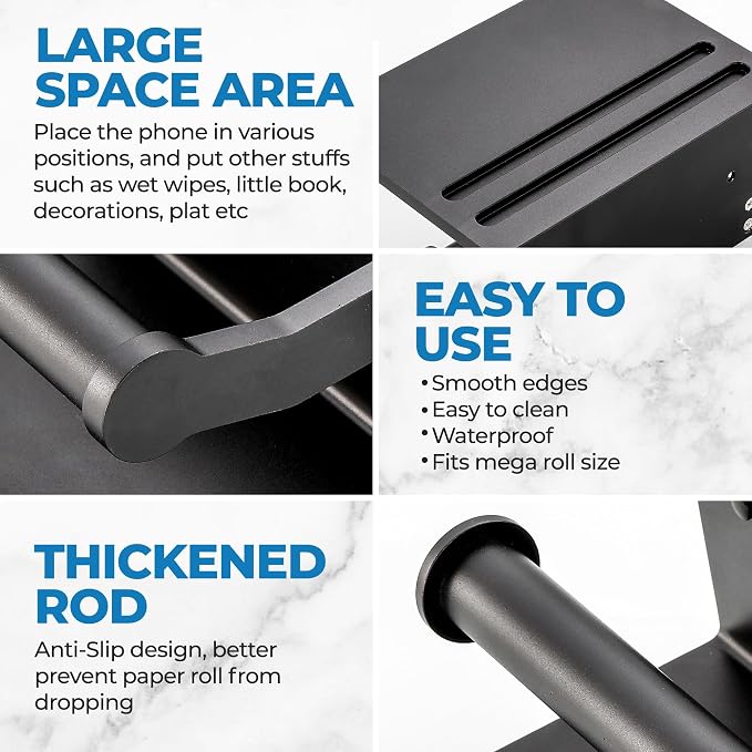 Toilet Paper Holder with Shelf, Black Anti-Rust Aluminum Tissue Roll Holder with Mobile Phone Storage Shelf for Bathroom, 3M Self Adhesive No Drilling or Wall Mounted with Screws