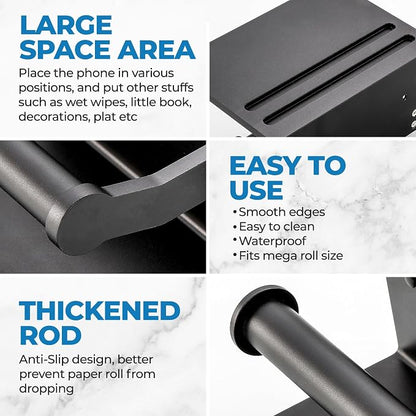 Toilet Paper Holder with Shelf, Black Anti-Rust Aluminum Tissue Roll Holder with Mobile Phone Storage Shelf for Bathroom, 3M Self Adhesive No Drilling or Wall Mounted with Screws