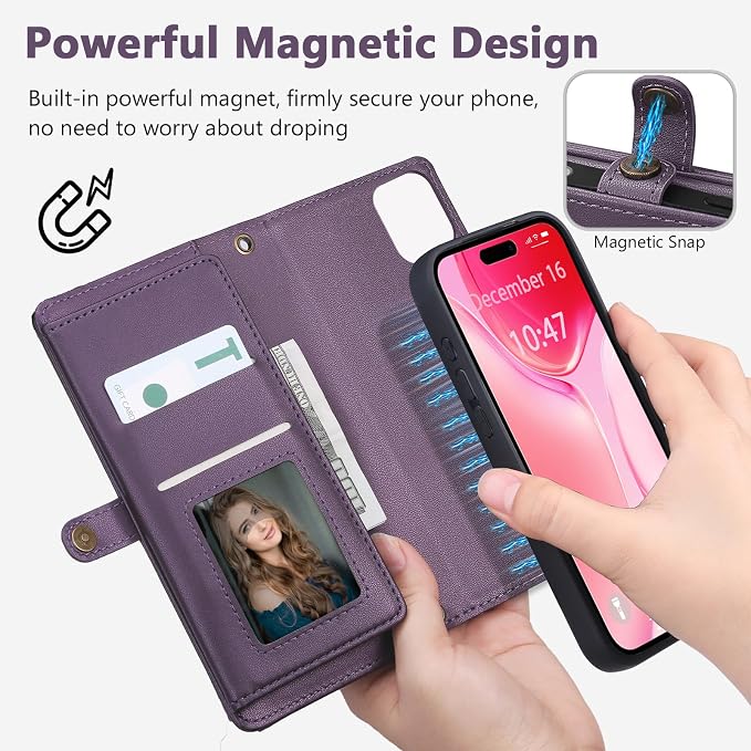 Wallet Case for iPhone 15 Plus with Card Holder/Crossbody Wallet/Strap| RFID Blocking | Magnetic | Kickstand | Detachable | PU Leather Phone Case for iPhone 15 Plus,6.7 in,Purple
