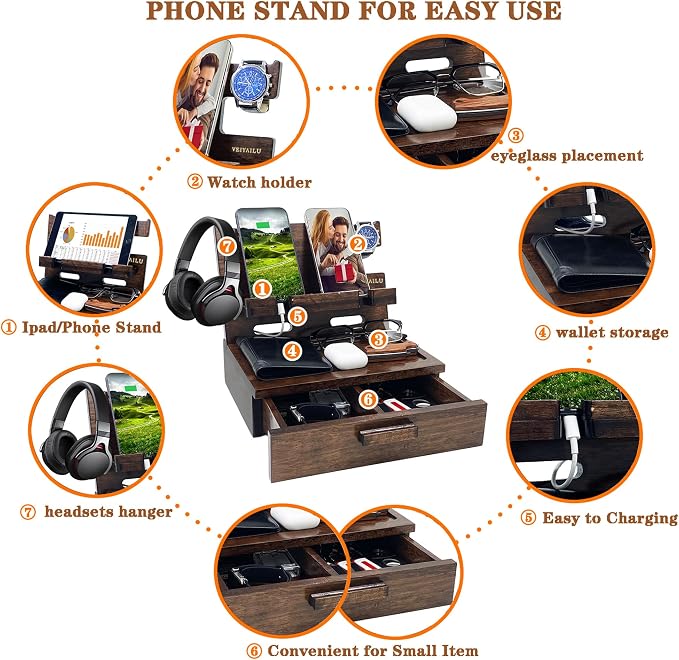 Gifts for Men Women Husband Son Boyfriend Him Nightstand Organizer Wood Phone Docking Station Birthday Gifts (Walnut) | Gifts for Men Women, Birthday Gifts