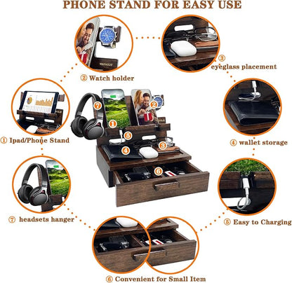 Gifts for Men Women Husband Son Boyfriend Him Nightstand Organizer Wood Phone Docking Station Birthday Gifts (Walnut) | Gifts for Men Women, Birthday Gifts