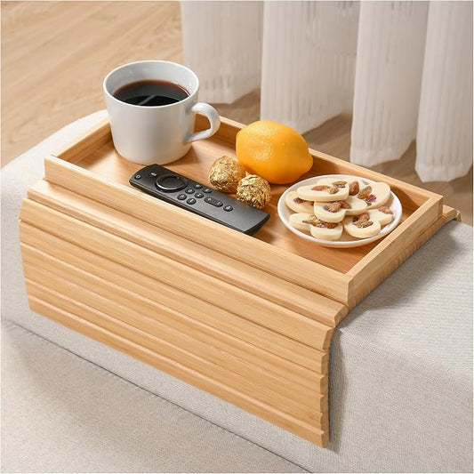 Bamboo Sofa Arm Tray, Anti-Dropping Couch Arm Tray, Foldable Sofa Armrest Tray Couch Arm Table for Eats, Drinks, Snacks, Remote, Cellphone, Cup Holder, Back Anti-Slip Pad Design