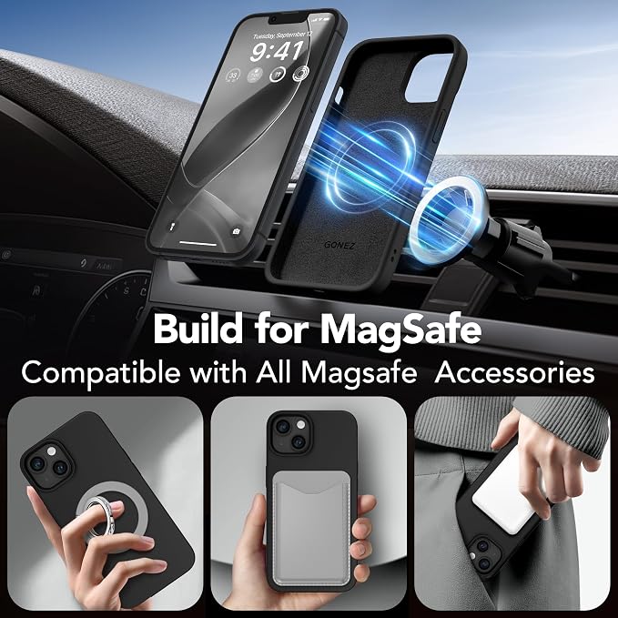 GONEZ Magnetic for iPhone 14 Case, Compatible with Magsafe, with Screen Protector + Camera Protector, Anti-Scratch Microfiber Lining, Liquid Silicone Shockproof Protective Phone Case, Black