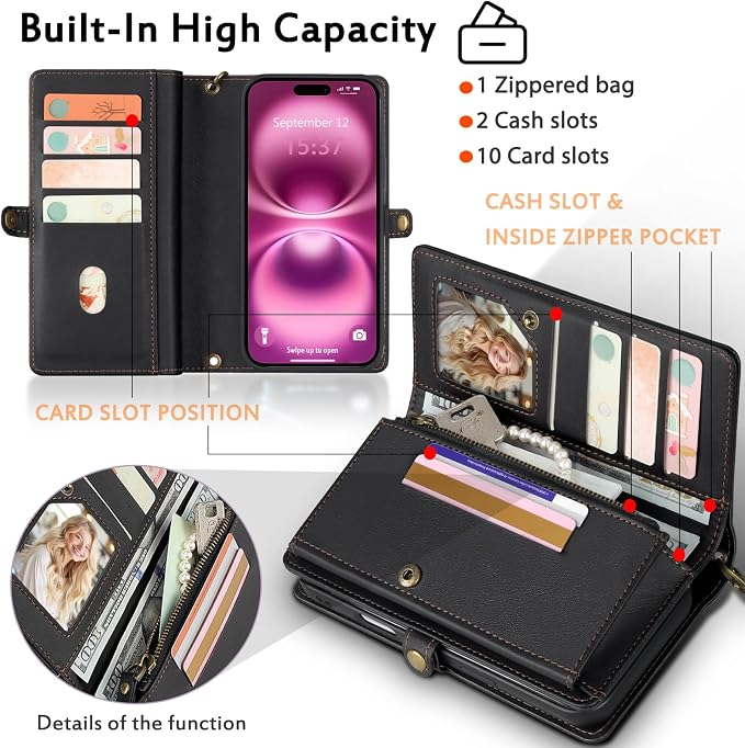 for Wallet Case Compatible with iPhone 16 Plus,Multi-Function Detachable 2 in 1 Magnetic iPhone 16 Plus Case Wallet,Flip Strap Zipper Card Holder Phone Case with Shoulder Straps (Black)