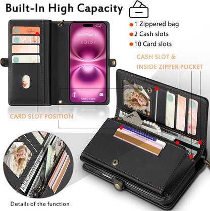 for Wallet Case Compatible with iPhone 16 Plus,Multi-Function Detachable 2 in 1 Magnetic iPhone 16 Plus Case Wallet,Flip Strap Zipper Card Holder Phone Case with Shoulder Straps (Black)