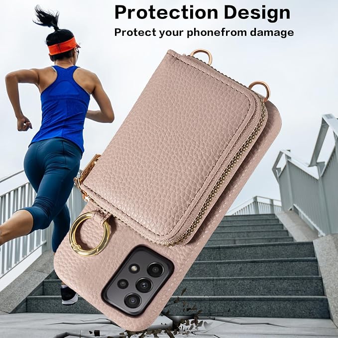 Wallet Case for Samsung Galaxy A32 5G 2021 6.5 inch with Shoulder Strap Ring Buckle, Zipper Flip Organ Purse, Credit Card Holder Stand Phone Cover for M32 G5 A 32 32A S32 SM-A326U A326U Khaki