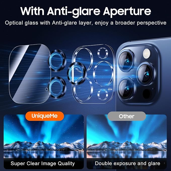 UniqueMe Compatible for 3 Pack iPhone 15 Pro/iPhone 15 Pro Max Camera Lens Protector, [Drop Protection] [Case Friendly] 9H Tempered Glass Camera Cover Screen [2023 New Version]- Blue