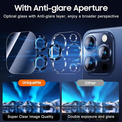 UniqueMe Compatible for 3 Pack iPhone 15 Pro/iPhone 15 Pro Max Camera Lens Protector, [Drop Protection] [Case Friendly] 9H Tempered Glass Camera Cover Screen [2023 New Version]- Blue