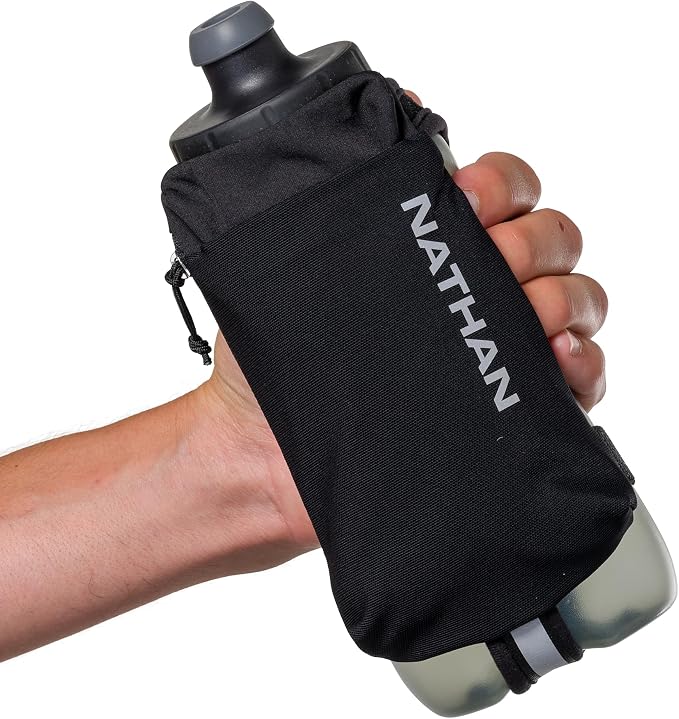 Nathan SpeedDraw 2 Insulated Handheld Running Water Bottle Flask – Double-Wall Insulation, Ergonomic Grip, Blast Valve Cap, Phone & Key Storage Pockets, Reflective Design, 22oz - Black