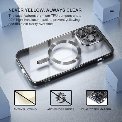 Misea Magnetic for iPhone 14 Pro Case Compatible with MagSafe [Never Yellowing] [Military Grade Drop Protection] Full Camera Lens Protector Plating Soft Clear Phone Case for Women Girls, Black