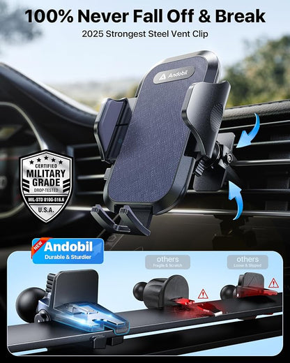 andobil 2026 Upgraded Car Phone Holder Mount for Vent, Military Sturdy Metal Clip Air Vent Phone Holder for Your Car Easy Used Cell Phone Car Mount, Blue