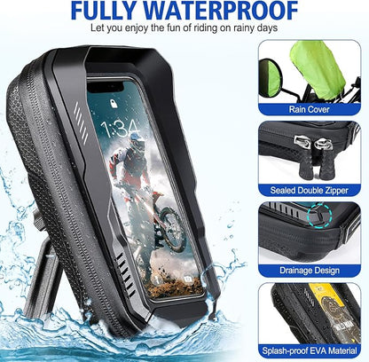 BKNOOU Motorcycle Phone Holder Waterproof Motorcycle Cell Phone Mount 360°Rotation Anti-Shake Upgrade Sun Visor Rain Cover Rearview Mirror Phone Holder Motorbike for Smartphone 4.5" to 6.9"