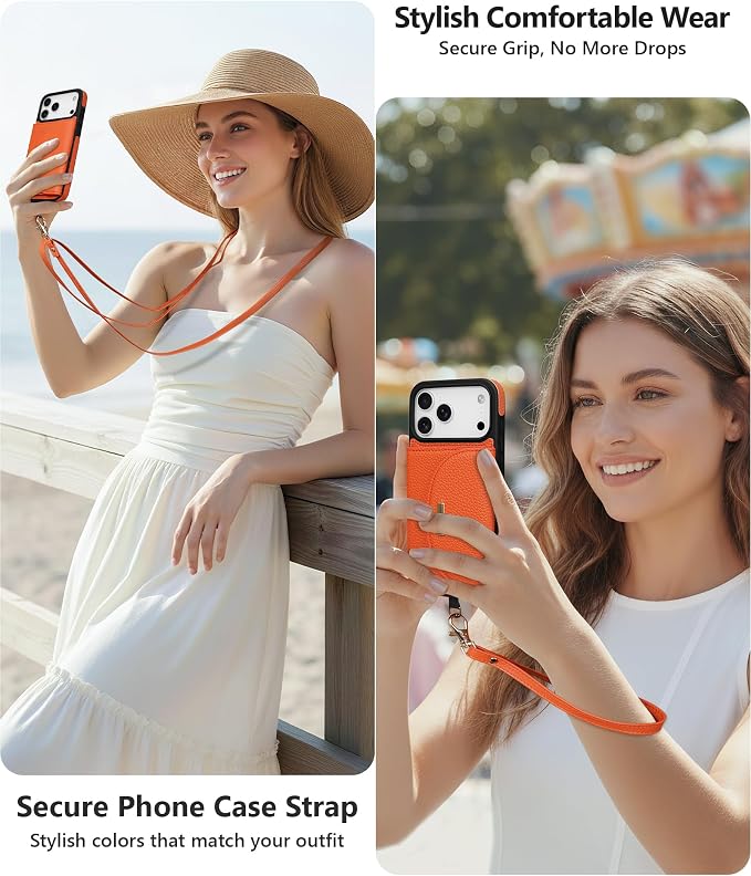 Keallce Case for iPhone 17 Pro Max 6.9" Crossbody Wallet Case, Lanyards & Wrist Straps with Phone Tabs, Flip Case with RFID Blocking 4 Card Holder Slots Kickstand, Protective Cover for Women, Orange