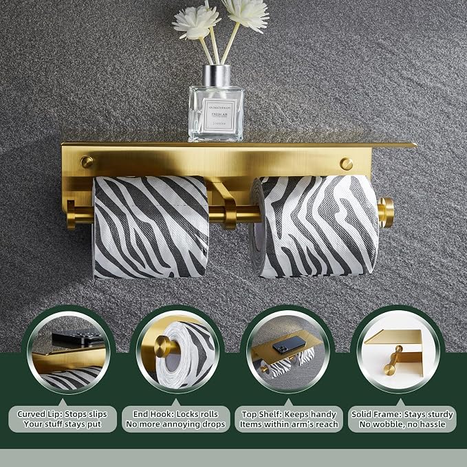 APLusee Brushed Gold Double Toilet Paper Holder with Shelf, Heavy Duty 304 Stainless Steel Tissue Roll Holder, Commercial Paper Dispenser Wall Mounted