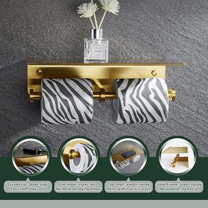 APLusee Brushed Gold Double Toilet Paper Holder with Shelf, Heavy Duty 304 Stainless Steel Tissue Roll Holder, Commercial Paper Dispenser Wall Mounted