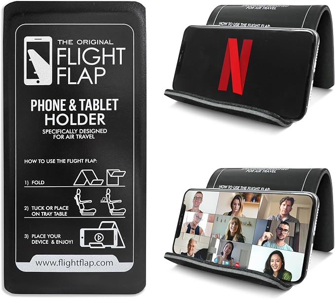 Flight Flap Airplane Phone Holder, Flexible Cell Phone Holder, Folding Cellphone Stand for Desk, Bed, Office, Treadmill - Airplane Gadgets for Long Travel Accessories - Plane Essentials (Black)