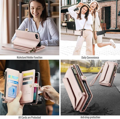 Strapurs Crossbody Wallet Case Compatible with iPhone SE/7/8 RFID Blocking 7-Card Holder Soft PU Leather Magnetic Snap Shoulder Strap Zipper Pocket Phone Cases Fit for iPhone SE 2020 2022 - Rose Gold