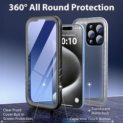 SPORTLINK for iPhone 15 Pro Max Waterproof Case - IP68 Underwater, Shockproof, Dust-Proof, Heavy Duty,Military Grade Screen Protector for iPhone 15 Pro Max Black/Frosted Clear