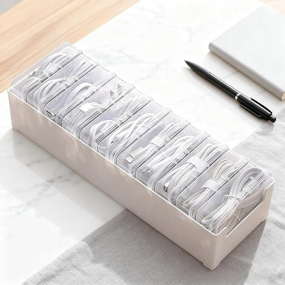 11 Grid Clear Cable Organizer Box with Switch for Desktop Cord Storage | Office desktop use, home wire sorting, stationery storage, detachable dividers, tidy cable arrangement