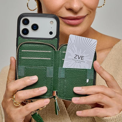 ZVE for iPhone 17 Pro Max Wallet Case Crossbody, Zipper Purse with Card Holder Wrist Strap for Women 6.9" Dark Green