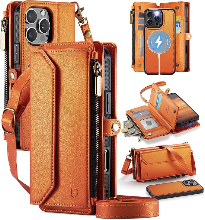 Strapurs for iPhone 16 Pro Max Detachable Wallet Case Compatible with Magsafe, RFID Blocking 9-Card Holder Zipper Strap Lanyard PU Leather Magnetic Phone Case for iPhone 16 Pro Max 6.9", Orange