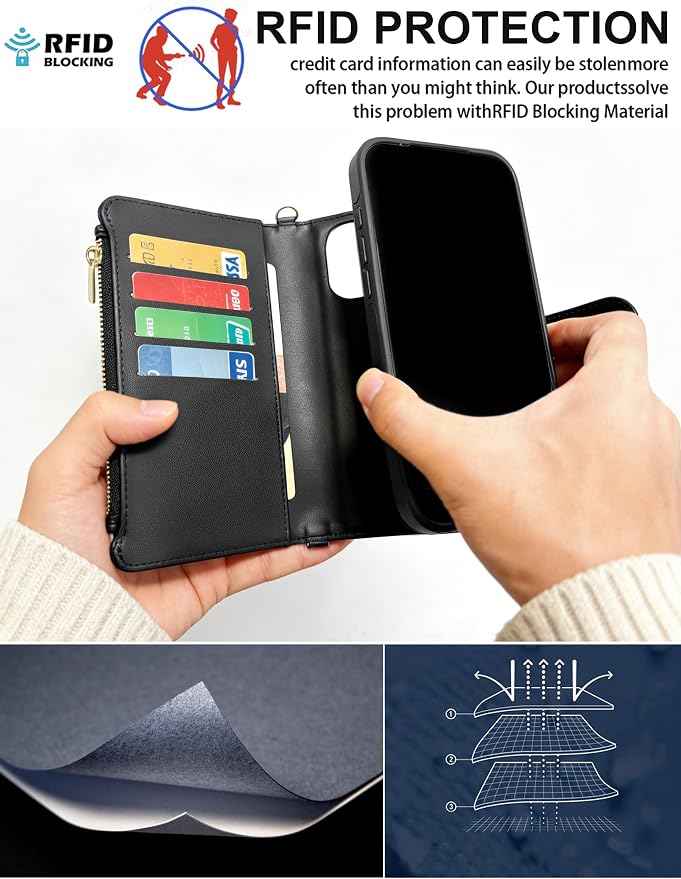 for iPhone 17 Pro Max Detachable Wallet Case with Crossbody.Multi-Function 2 in 1 Magnetic Wallet Case with Card Holder.Flip Strap Zipper Phone Case with Shoulder Straps (Black, iPhone 17 Pro Max)