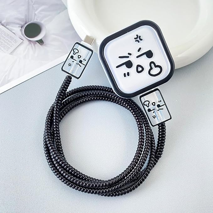 Charger Protection Set, Compatible with Apple 40W Dynamic Power Adapter (with 60W Max), Fun & Adorable Flexible TPU Charger Case + Spiral Cable Line Protector, Wacky Meme Faces (5in1)