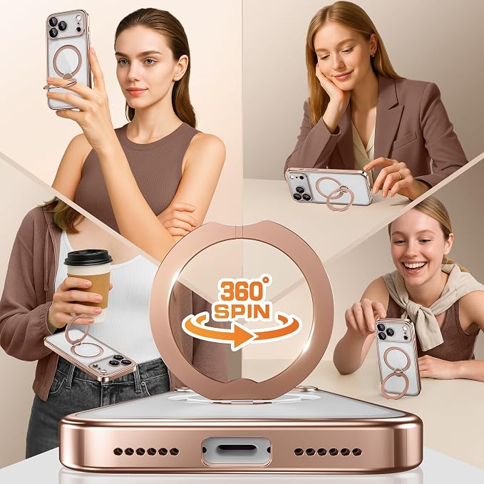 GolbinBox for iPhone 17 Pro Max Case with 360° Spin Magnetic Stand,[Compatible with Magsafe] [Military Protection][Built-in Ring Holder] Camera Control Phone Case for 17 Pro Max,Rose Gold/Clear