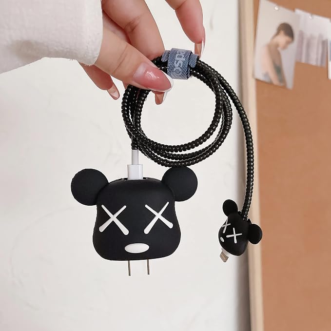 3D Cute Cartoon Charger Protector Case - Compatible for Apple 20W USB-C Power Adapter and Lightning Cable (Black Bear)