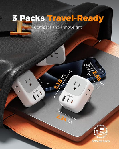 TESSAN UK Adapters for Travel 3 Pack, Type G Plug Adapter | PD 20W, 4 AC Outlets, 3 USB Ports (2 USB C), US to UK Ireland England London Dubai Scotland Hong Kong UAE, For Travel
