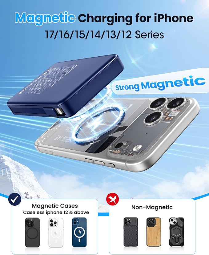 Magnetic Portable Charger 10000mAh Power Bank 22.5W Fast Charging Power Bank for Magsafe Battery Pack Compatible with iPhone 17/16/15/14/13/12 Pro/Pro Max etc Blue