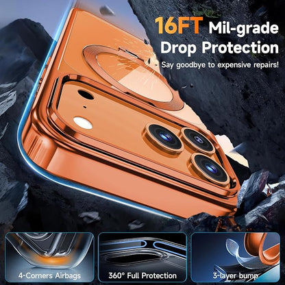 [Tri-Shield Protection] for iPhone 17 Pro Case with 360° Spin Stand Compatible with MagSafe [Magnetic CD Ring] [Screen & Camera Lens Protector] Shockproof Plating Never-Yellowing, Cosmic Orange-6.3"