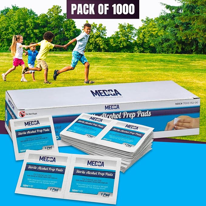 MEDca Alcohol Prep Pads - 1000 Count, 70% Isopropyl Alcohol, Unscented, 2-Ply Cotton, Individually Wrapped, Latex-Free, Ideal for Minor Cuts, Scrapes, and Electronics