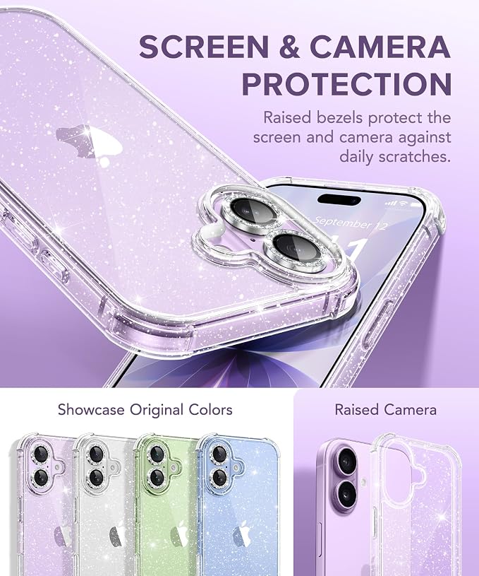 BERFY for iPhone 17 Case for Women, Clear Glitter Shockproof Protective Case, Anti-Yellowing, with Screen Protector & Camera Lens Protector 6.3", Diamond Sparkle Clear
